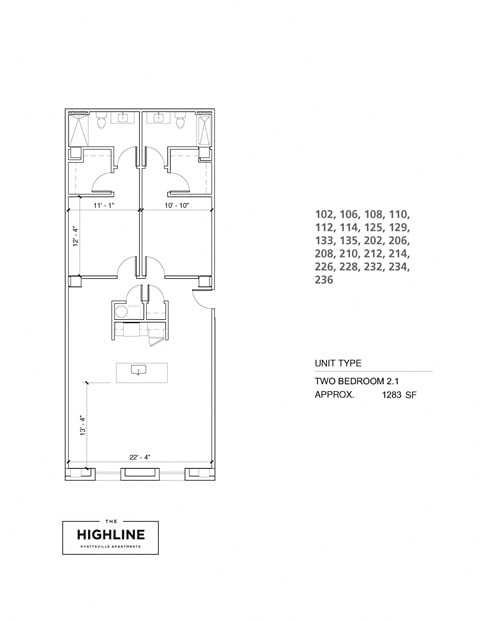 Floor plan for 2 beds, 1 bath, 1300 sqft